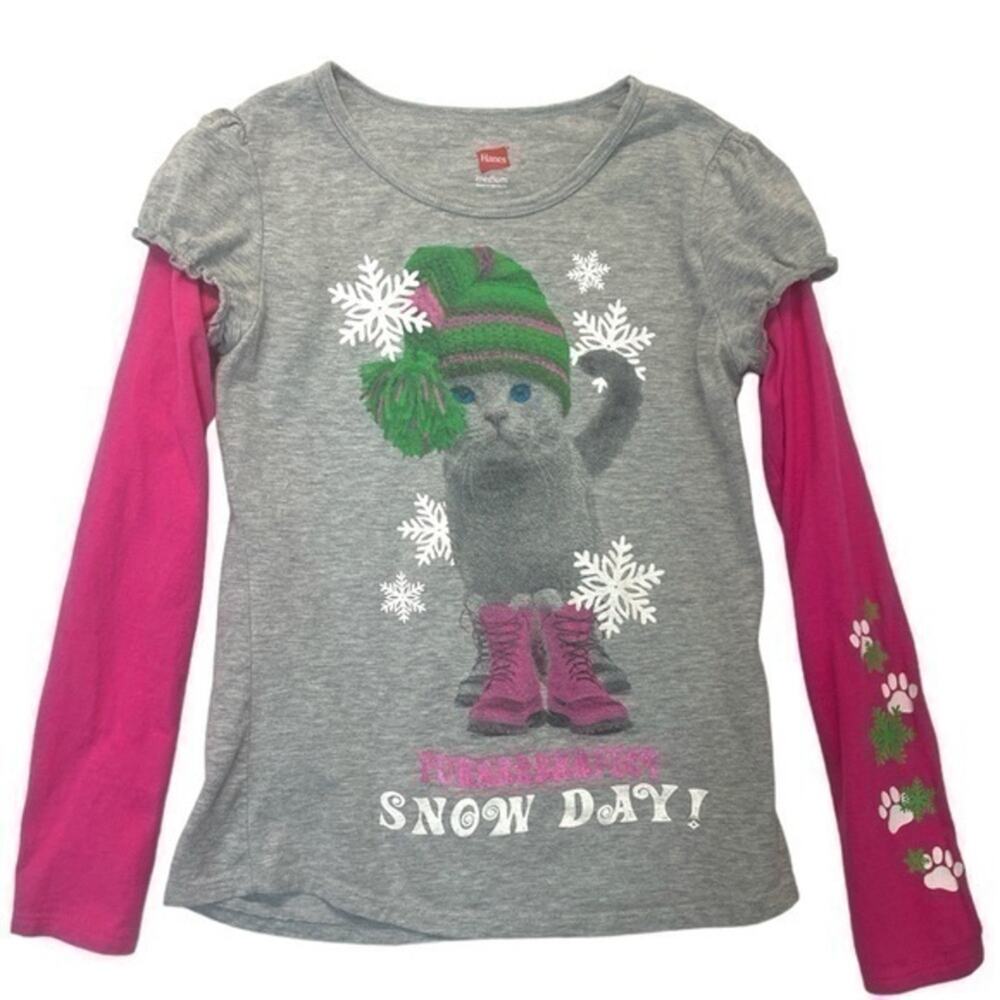Hanes Long Sleeve Graphic T-shirt Shirt Size 7-8 Cat Snow Day tee pink gray